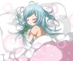  ahoge aqua_hair blanket blush clock closed_eyes eyes_closed hatsune_miku hug lying pillow sleeping solo spring_onion usakou vocaloid 