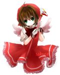  bad_id brown_hair card_captor_sakura cardcaptor_sakura child dress fuuin_no_tsue gloves green_eyes hat highres kinomoto_sakura magical_girl short_hair wand wings 