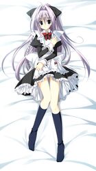  1girl absurdres apron black_eyes black_legwear blue_eyes bow braid dakimakura footwear frills hair_ribbon heart highres ikinari_anata_ni_koishiteiru kneehighs korie_riko long_hair maid panties pantyshot ribbon silver_hair socks solo underwear yourou_tsumugu 