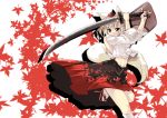  animal_ears detached_sleeves geta iga_tamaki inubashiri_momiji leaf maple_leaf midriff red_eyes shield short_hair silver_hair simple_background skirt solo sword tail touhou weapon wolf_ears wolf_tail 