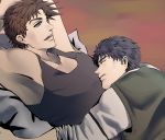  2boys blue_hair brown_hair grandfather_and_grandson hug jojo_no_kimyou_na_bouken jonathan_joestar joseph_joestar_(young) multiple_boys time_paradox yamikudo 