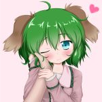  animal_ears blue_eyes blush bust face green_eyes green_hair hand_on_another's_cheek hand_on_another's_face hand_on_cheek hand_on_face hands heart kasodani_kyouko oden_(artist) pov short_hair smile solo touhou wink 