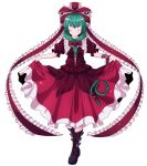  arm_ribbon boots closed_eyes curtsey dress dress_lift eyes_closed green_hair hair_ribbon highres kagiyama_hina nikka nikka_(cryptomeria) red_dress ribbon skirt_hold smile solo standing touhou 