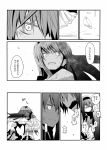  2girls akemi_homura comic cup eerr fang hair_ribbon hairband hug_(artist) kaname_madoka long_hair mahou_shoujo_madoka_magica monochrome multiple_girls open_mouth ponytail ribbon skirt teacup translation_request 