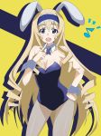  :d animal_ears blonde_hair blue_eyes bowtie breasts bunny_ears bunny_girl bunny_suit bunnysuit cecilia_alcott cleavage detached_collar drill_hair hairband hand_on_hip happy highres infinite_stratos jumon leotard long_hair musical_note open_mouth pantyhose pointing smile solo very_long_hair wrist_cuffs 