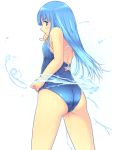  ass bad_id blue_eyes blue_hair blush from_behind long_hair manchester_city_fc original personification pinky_out simple_background solo star swimsuit water wet yoko_juusuke 