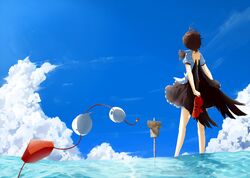  ahoge back blue_sky brown_hair cloud from_behind geta hat hat_removed headwear_removed holding holding_shoes ocean ryuu ryuu_(tsukinoyuki) shameimaru_aya short_hair signpost skirt sky solo tokin_hat touhou wading water wings 