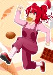  anpan bread bread_in_mouth cake chocolate contemporary eating food food_in_mouth fruit hair_bobbles hair_ornament ice_cream mary_janes mattari_yufi mouth_hold onozuka_komachi overalls red_eyes red_hair redhead shoes solo strawberry suspenders touhou twintails 