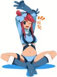  blue_eyes boots crop_top fuuro_(pokemon) gloves gym_leader hair_ornament happy midriff navel pink_hair pokemon pokemon_(game) pokemon_black_and_white pokemon_bw short_shorts shorts simple_background sitting smile solo white_background wink 