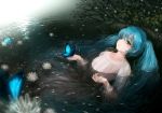  1girl aqua_eyes blue_eyes butterfly dress fine_art_parody flower flowers glowing hatsune_miku lotus ophelia_(painting) outdoors parody partially_submerged petals see-through solo submerged suzushiro_sayu swimming twintails vocaloid water wet wet_clothes 