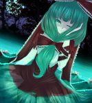  aqua_eyes aqua_hair bad_id bow dress frills front_ponytail full_moon hair_bow hand_in_hair kagiyama_hina moon night ribbon solo submerged touhou water wink yuha_(yh-krm) 