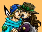  2boys blonde_hair brown_hair caesar_anthonio_zeppeli derivative_work gyro_zeppeli hat johnny_joestar jojo_no_kimyou_na_bouken joseph_joestar_(young) lipstick makeup metamin_(memethah) multiple_boys parody steel_ball_run 