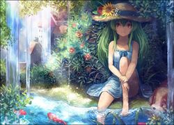  collarbone dog dress fish flower goldfish green_hair hat nigoro original red_eyes sitting soaking_feet solo straw_hat summer_dress sundress water wet 