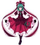  arm_ribbon boots curtsey depressed dress dress_lift green_eyes green_hair hair_ribbon highres kagiyama_hina nikka nikka_(cryptomeria) open_mouth red_dress ribbon skirt_hold solo standing touhou 