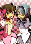  2boys akemi_homura akemi_homura_(cosplay) bow brown_hair cosplay crossdressinging endou_mamoru face glasses hair_bow hair_over_one_eye inazuma_eleven inazuma_eleven_(series) kaname_madoka kaname_madoka_(cosplay) kazemaru_ichirouta mahou_shoujo_madoka_magica multiple_boys open_mouth pantyhose red-framed_glasses ribbon short_hair skirt sweatdrop trap 