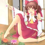  anklet ascot barefoot bow brown_hair candy detached_sleeves feet flower hair_bow hair_tubes hakurei_reimu highres hisa_tsuki jewelry lollipop long_hair melting miko no_panties open_mouth popsicle red_eyes sitting skirt smile solo touhou 
