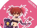 demon_girl demon_tail disgaea earrings etna fang holding_tail jewelry midriff navel penguin pointy_ears prinny red_eyes red_hair redhead skull smile tail title_drop umeume