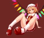  arm_support ascot bad_id bare_legs blonde_hair collarbone colored face fangs flandre_scarlet footwear foreshortening hat legs mary_janes panties pantyshot pantyshot_(sitting) pantyshot_sitting pointy_ears red_background red_eyes shoes short_hair side_ponytail simple_background sitting skirt skull smirk socks solo the_embodiment_of_scarlet_devil touhou tsurime underwear upskirt vest white_legwear white_panties wings wrist_cuffs yonggi 