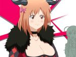  2girls ahoge breasts choker cleavage cosplay fur_trim hataraku_maou-sama! horns maou_(maoyuu) maou_(maoyuu)_(cosplay) maoyuu_maou_yuusha multiple_girls ribbon sasaki_chiho short_hair short_twintails simple_background twintails yusa_emi 