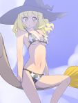  :o bare_shoulders bikini blonde_hair breasts broom broom_riding brown_eyes cleavage face hat kirisame_marisa long_hair navel ossan_331 print_bikini sidesaddle simple_background sky solo star star_print swimsuit touhou underboob witch witch_hat 