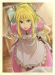  blonde_hair bow dress gloves green_eyes hair_bow hands_on_hips ktsn leaning_forward lilith_aileron long_hair looking_at_viewer maid pink_dress ponytail solo tales_of_(series) tales_of_destiny 