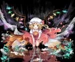  all_fours ascot bad_id blonde_hair dress flandre_scarlet hat hat_ribbon highres meutan131 open_mouth plant red_dress red_eyes reflection ribbon side_ponytail solo sparkle tears the_embodiment_of_scarlet_devil touhou wings 