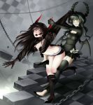  belt bikini_top black_gold_saw black_hair black_rock_shooter boots chain chains checkered checkered_floor dead_master dress fang green_eyes grin highres horns long_hair red_eyes ribbon shorts smile tears wings 