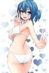  ass bikini blue_eyes blue_hair blush breasts happy heart highres looking_back narumi_karen open_mouth original short_hair short_twintails sideboob smile solo sukesan swimsuit twintails under_boob underboob v 