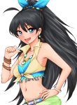  :d antenna_hair belt black_hair blue_eyes blush bow bracelet earrings front-tie_top ganaha_hibiki hair_bow hand_on_hip hips idolmaster jewelry long_hair midriff navel necklace open_mouth ponytail saijou_hirokazu simple_background smile solo very_long_hair 