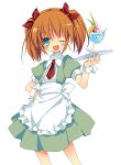  apron blue_eyes blush bow brown_hair dress drink earrings flower glass hair_ribbon hand_on_hip happy hips ice jewelry necktie open_mouth original plaid ribbon sakurano_miya short_hair short_twintails smile solo tray twintails waitress wink wrist_cuffs 