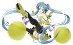 bad_id blue_hair cheerleader detached_sleeves foreshortening green_eyes hatsune_miku headphones headset highres jump long_hair midriff nakaba_reimei necktie open_mouth panties pom_poms ponytail simple_background skirt striped striped_panties thighhighs twintails underwear very_long_hair vocaloid 