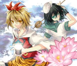  black_hair black_legwear blonde_hair bust flower green_eyes green_hair hair_ornament hat hishaku jeweled_pagoda multicolored_hair multiple_girls murasa_minamitsu natsume_(iravati-4u) sailor sailor_hat tiger_print toramaru_shou touhou two-tone_hair yellow_eyes 