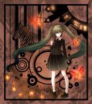  building butterfly gradient_hair green_eyes green_hair hatsune_miku long_hair open_mouth saihate_(vocaloid) silhouette skirt solo standing unemura vocaloid zebra 