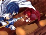  battle blue_eyes blue_hair foreshortening from_above long_hair magical_girl mahou_shoujo_madoka_magica miki_sayaka mrfa multiple_girls polearm ponytail red_eyes red_hair redhead sakura_kyouko short_hair spear sword weapon 