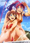  2girls :d absurdres amy_(suisei_no_gargantia) armlet artist_request bare_legs bare_shoulders barefoot basket bellows_(suisei_no_gargantia) bent_over bikini blue_eyes blue_sky braid breasts brown_hair clouds highres large_breasts multiple_girls o-ring_top open_mouth ponytail red_bikini redhead scan shading_eyes short_hair sitting sky smile suisei_no_gargantia swimsuit twin_braids water 