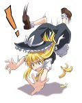  1girl banana_peel blonde_hair brown_eyes hat kirisame_marisa long_hair motion_blur open_mouth outstretched_arms rimibure shadow slipping solo touhou tripping witch witch_hat yellow_eyes 