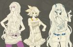  belt blinds bracelet earbuds earphones green_eyes hatsune_miku hoodie jewelry kagamine_rin long_hair maru_(memoriatechnica) megurine_luka monochrome multiple_girls multiple_monochrome pantyhose pink_eyes scrunchie shoes short_hair shorts skirt twintails very_long_hair vocaloid yellow_eyes 