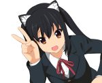  :d a1 animal_ears black_hair blazer brown_eyes bust cat_ears highres initial-g k-on! nakano_azusa open_mouth school_uniform simple_background smile solo twintails v 