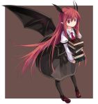  :&lt; bat_wings black_legwear book carrying dress_shirt head_wings koakuma leaning_forward loafers long_hair makai_no_koutaishi necktie pantyhose pointy_ears red_eyes red_hair redhead shirt shoes simple_background skirt solo the_embodiment_of_scarlet_devil touhou very_long_hair vest wings 