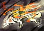  capcom clenched_teeth fire highres mackerel_(artist) okami ookami_(game) solo tattoo wolf 
