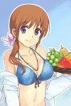  alternate_hairstyle bare_shoulders bikini bikini_top blue_eyes breasts brown_hair cleavage food front-tie_top fruit jacket_over_swimsuit jewelry large_breasts long_hair lyrical_nanoha mahou_shoujo_lyrical_nanoha mahou_shoujo_lyrical_nanoha_strikers navel necklace open_clothes purple_eyes shirogane_(fox) smile solo swimsuit takamachi_nanoha tray violet_eyes 