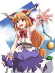  :d bangs bow bowtie brown_eyes chain chains cuffs gourd hair_bow horn_ribbon horns ibuki_suika long_hair manacles open_mouth orange_eyes orange_hair outstretched_arm outstretched_hand ribbon rimibure sleeveless sleeveless_shirt smile solo touhou wrist_cuffs 