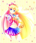  aino_minako bishoujo_senshi_sailor_moon blonde_hair blue_eyes blush bow choker crescent_moon crop_top facial_mark forehead_mark gloves gradient gradient_hair hair_ribbon hand_on_hip long_hair magical_girl mask midriff miniskirt moon multicolored_hair navel outstretched_arm pleated_skirt ribbon sailor_collar sailor_v skirt smile solo star torao_(torakmn) toshinou_kyouko v white_gloves yuru_yuri 