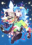  alternate_costume badge blue_eyes blue_hair blush bow chain chains cirno colorful dress earrings green_legwear hair_ribbon ice ice_wings jewelry microphone microphone_stand mottsun musical_note musical_symbol open_mouth ribbon short_hair smile solo star star_(sky) thighhighs touhou wings 