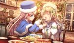  2girls ^_^ bangs blonde_hair blue_eyes blue_hat blurry blush cake capelet christmas christmas_tree closed_eyes depth_of_field eyebrows_visible_through_hair facing_another feeding flower food fur-trimmed_sleeves fur_trim gift hair_flower hair_ornament hat highres holding holding_spoon liquid_hair long_hair long_sleeves looking_at_another matryoshka_doll missile228 multiple_girls open_mouth original plant plate puffy_long_sleeves puffy_sleeves sitting smile snow soup sparkle star star_hair_ornament table tagme vines window wreath 
