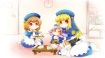  aoi_mitsuru blonde_hair blush_stickers brown_hair chibi cornelia_(umineko) dlanor_a_knox drill_hair eiserne_jungfrau flag food gauntlets gertrude hat highres long_hair minigirl multiple_girls no_mouth plate purple_hair red_eyes rice thigh-highs thighhighs umineko_no_naku_koro_ni yellow_eyes 