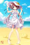  anklet barefoot beach bell brown_eyes brown_hair cat_ears cat_tail cloud dress flower hair_ribbon hand_on_hat hat jewelry long_hair nanaroba_hana original pigeon-toed pigeon_toed ribbon sky smile solo summer sun sun_hat sundress sunflower tail twintails water 