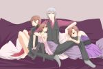  accelerator accelerator_family ahoge albino black_legwear blush brown_eyes brown_hair color dress last_order misaka_imouto misaka_worst pantyhose pillow pimp red_eyes short_hair sitting to_aru_majutsu_no_index white_hair 