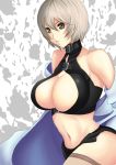  1girl bare_shoulders breasts character_request cleavage cleavage_cutout collarbone grey_eyes kisei_juui_suzune labcoat large_breasts navel original short_hair shouni_shiki solo white_hair 