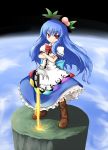 blue_hair blue_skirt boots bow crossed_arms earth food fruit hat hinanawi_tenshi keystone long_hair nice peach red_eyes skirt smile solo space sword sword_of_hisou touhou weapon